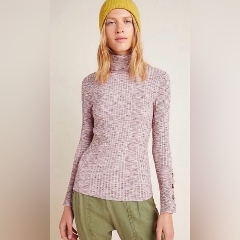 Anthropologie Button Sleeve Turtleneck Spacedye Ribbed Sweater Size L